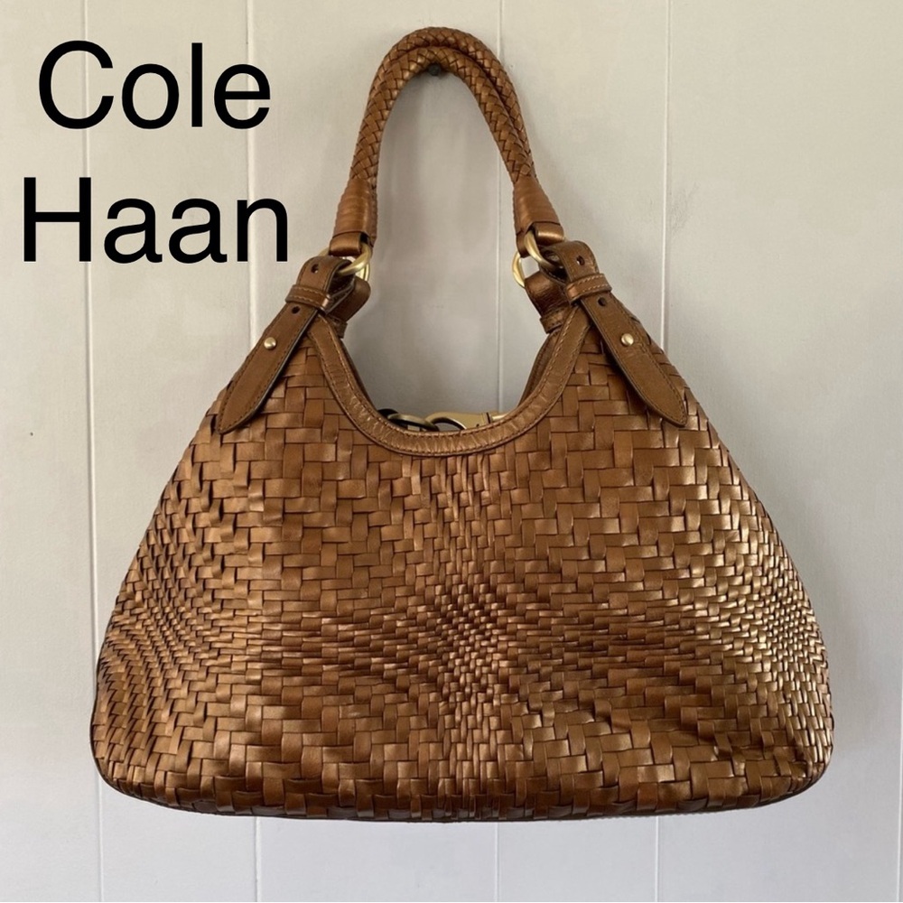 Cole Haan Genevieve Woven Triangle Metallic Brown Leather Boho Chic Tote Satchel
